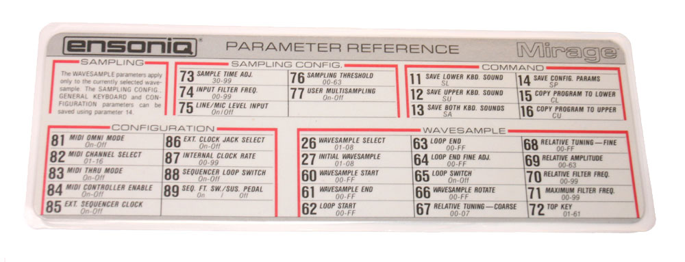 Parameter Reference card, Mirage 