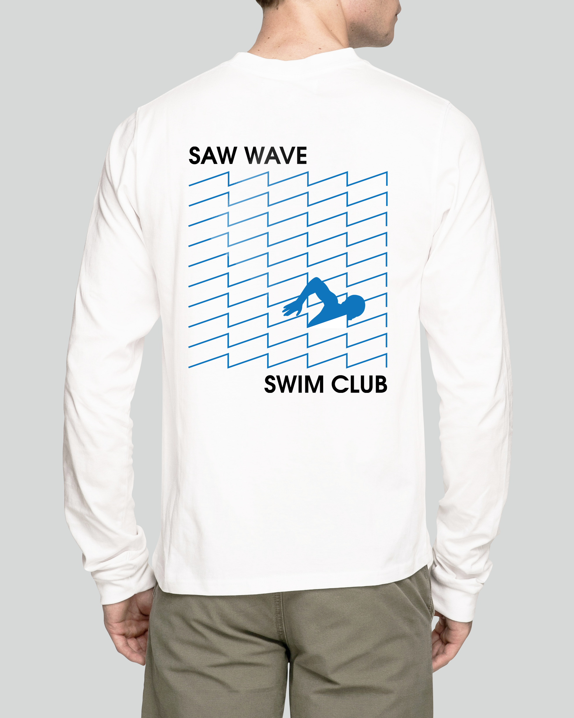 Back of white long-sleeve shirt with Syntaur Saw Wave Club Logo